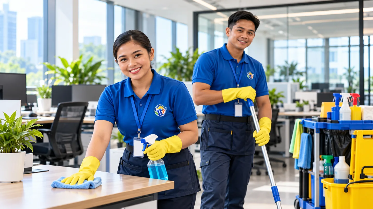 Illustrative janitorial personnel caring for an office space