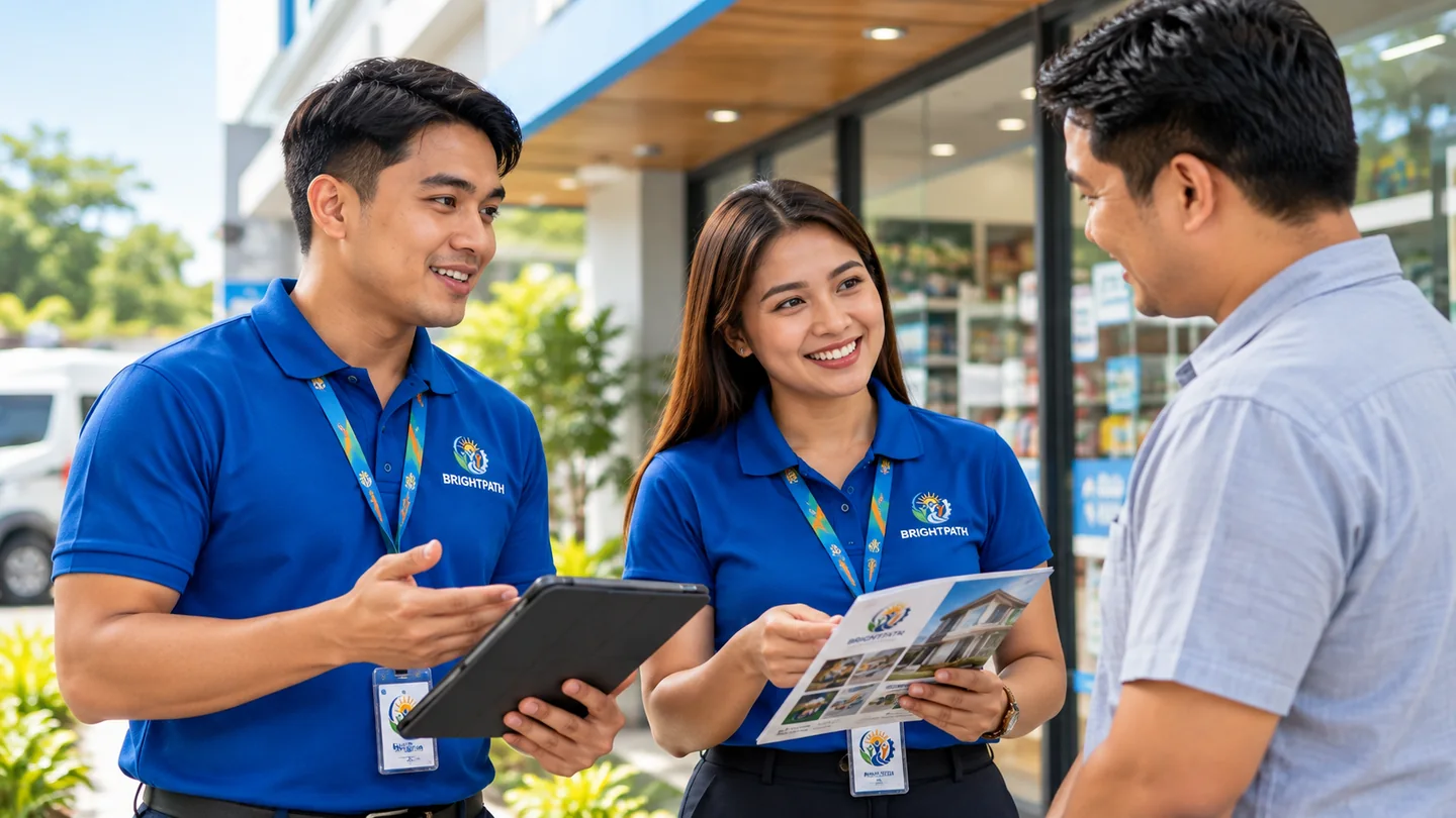 Illustrative field sales representatives speaking with a customer